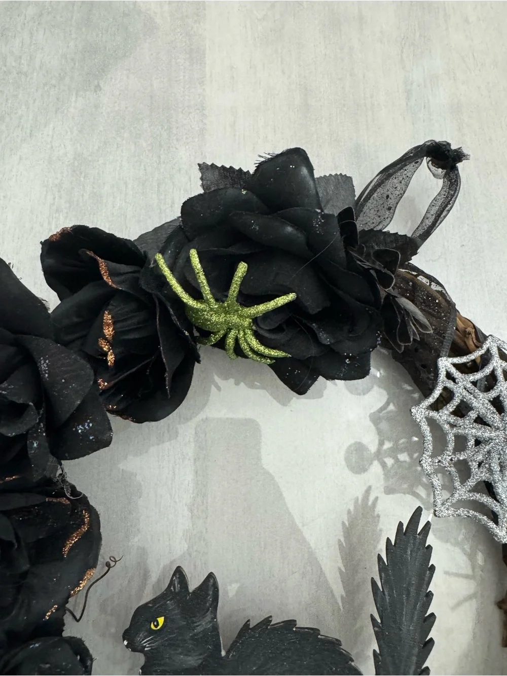 Handmade Black Cat and Spiderweb Halloween Wreath